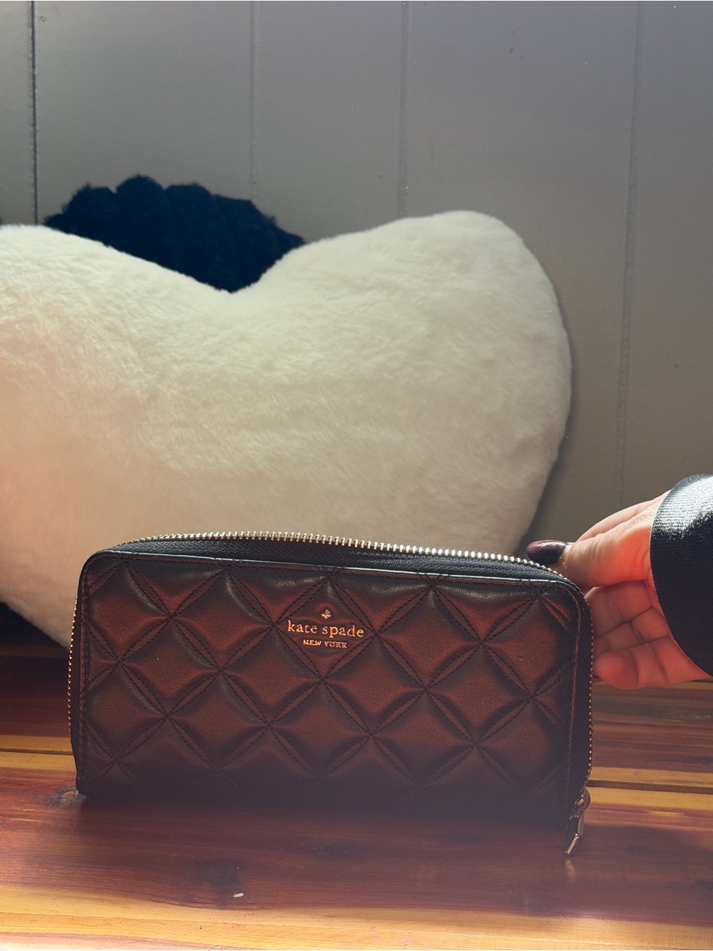 kate spade Black Quilted Zip Wallet with Gold Logo